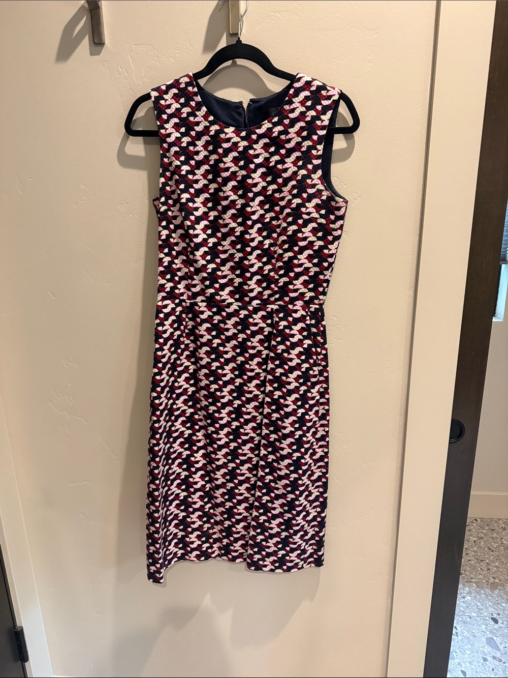 J. Crew Sleeveless Geometric Midi Dress in Navy, Pink & White